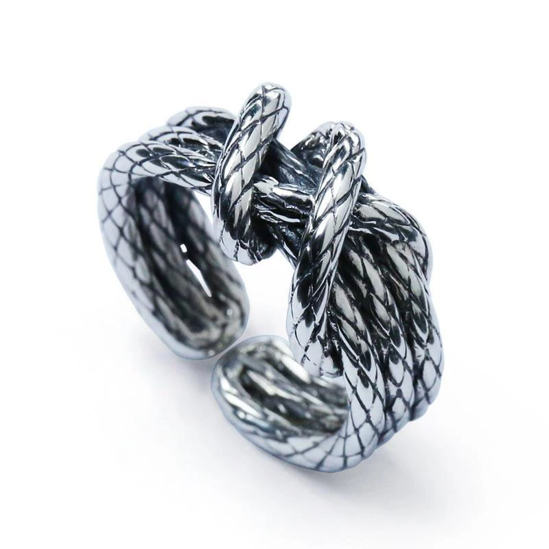 

S925 silver original jewelry woven hemp rope shape domineering exaggerated neutral wind men and women opening adjustable ring