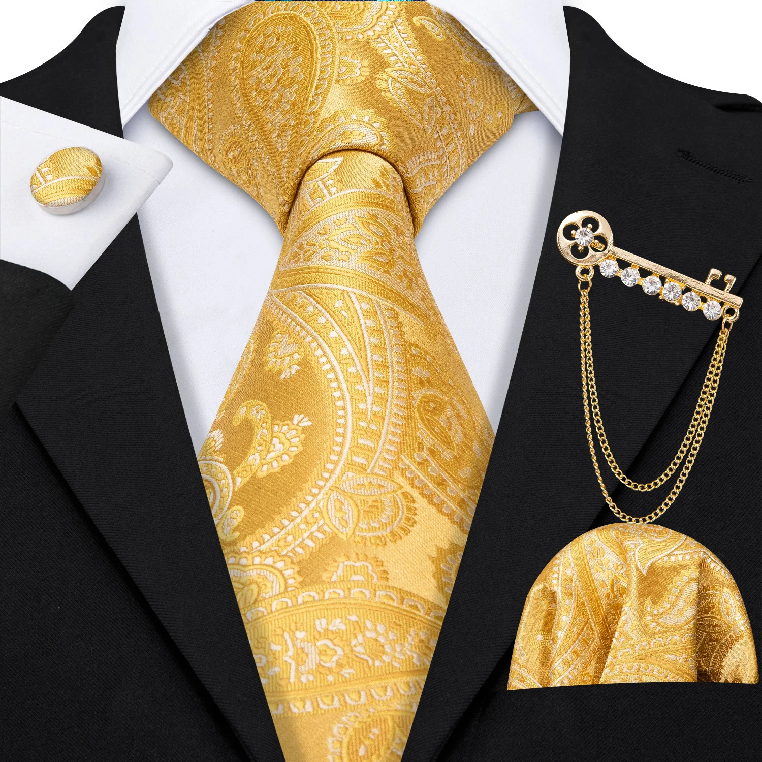 

New Fashion Desinger Men Tie Brooch Set Yellow Striped Silk Tie For Wedding Party Necktie Handkerchief Cravat Barry.Wang LS-5220