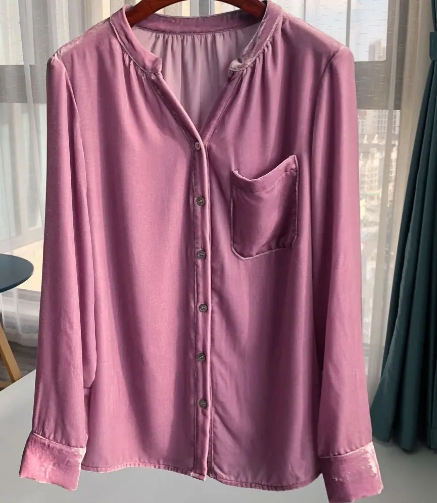 Women Shirt Early Autumn New Pink Purple Silk Velvet Lazy V-neck | Женская одежда