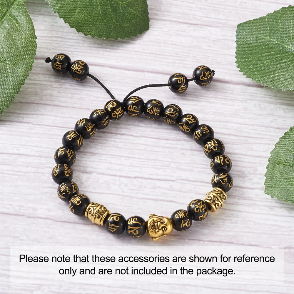 

1Set Antique Golden Buddha Head Bead Charm Buddhist Glass Bead Black Color with Carving Gold Spacer Bead for Bracelet DIY Making