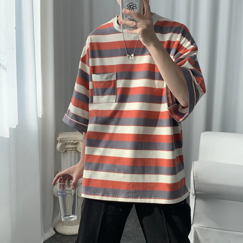 

Summer Cotton Striped T-shirt Men's Fashion Casual Tshirt Mens Streetwear Korean Loose Short-sleeved T Shirt Men Tops M-2XL