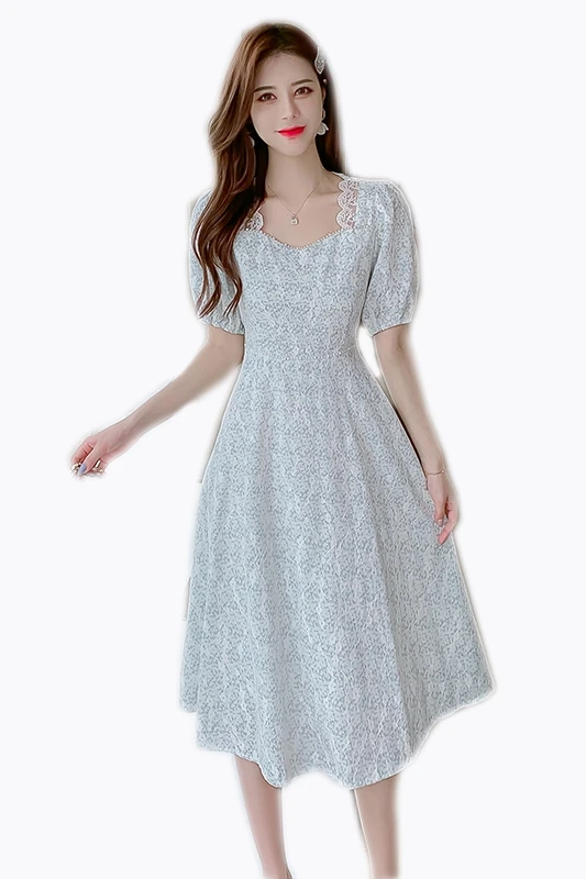 

COIGARSAM French Style Floral Print Women dress New Summer Square Collar High Waist Long Dresses Light Blue Apricot 8262