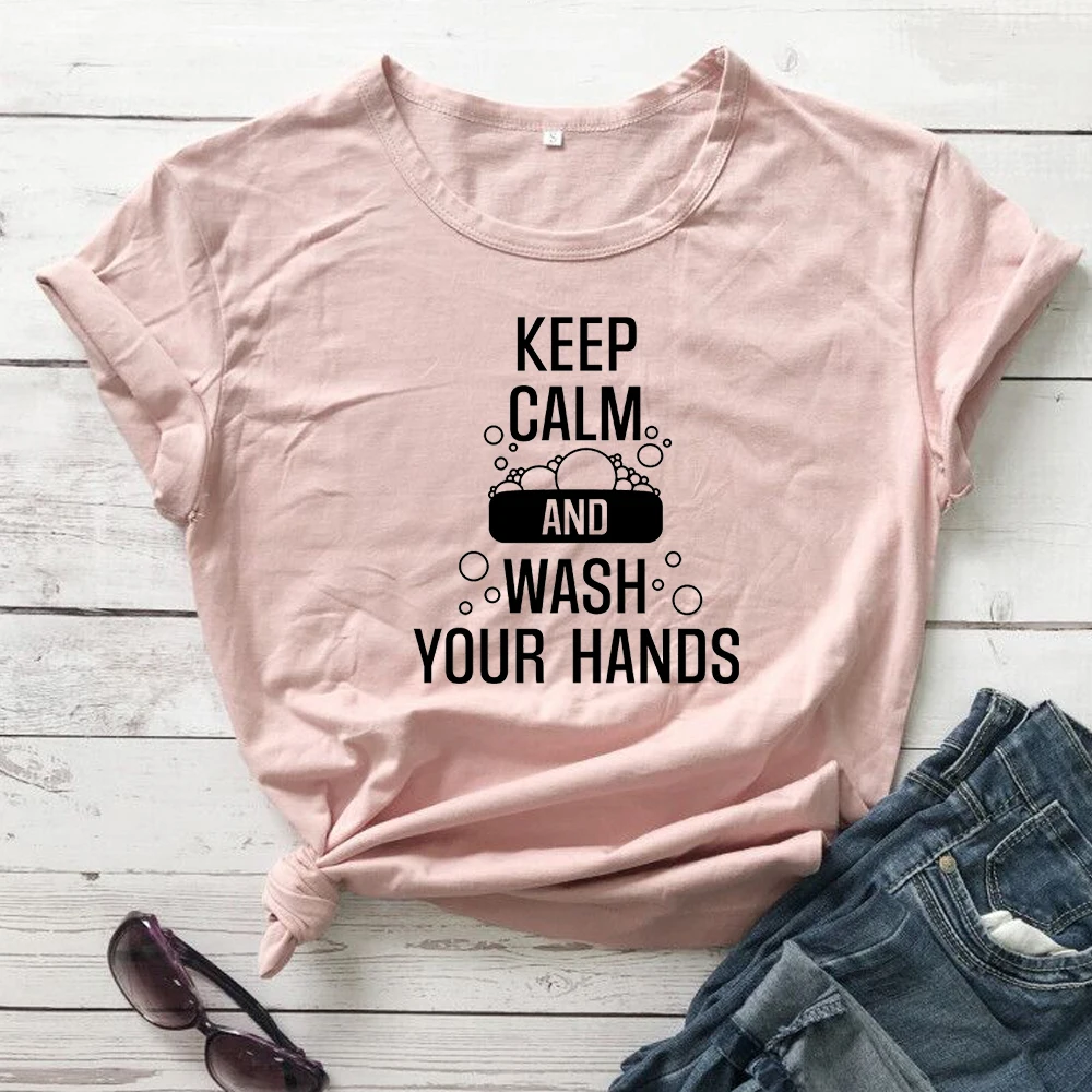 

Забавная карантинная футболка с надписью Keep clam Wash Your Hands