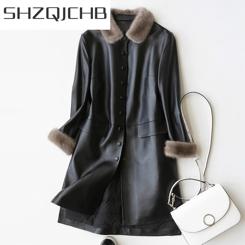 

SHZQ куртка из натуральной кожи женское пальто из натуральной овчины Женская длинная парка с воротником из натурального меха норки женские п...