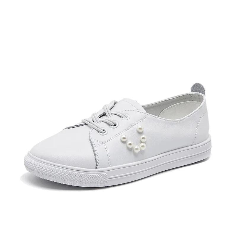 

Real Cowhide White Shoes Female 2021 New Pearl All-match Flat Casual Shoes Breathable Soft Bottom Shallow Mouth Large Size Shoes