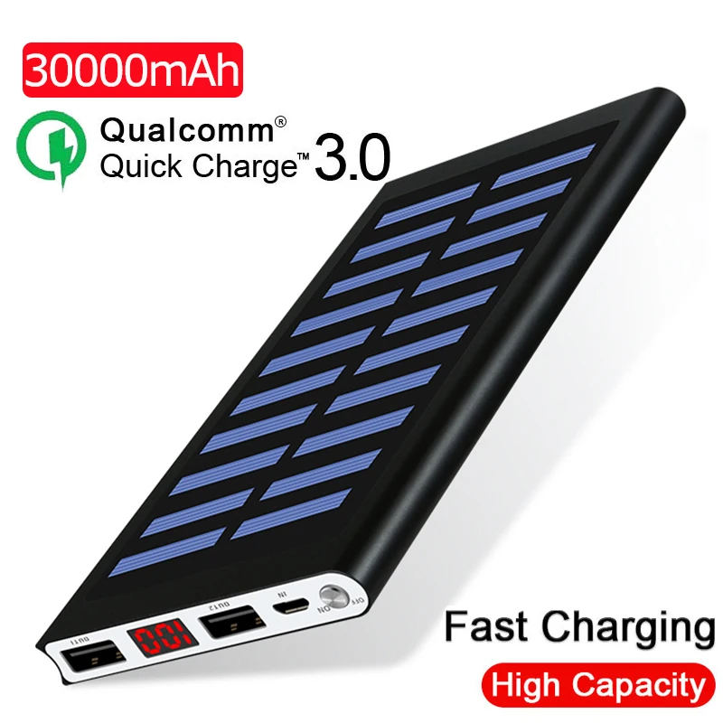 Внешний аккумулятор на солнечной энергии 30000 мАч 2 USB светодиодный для всех