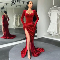 womens sexy red velvet dress slit mid length autumn fashion v neck cotton dress glove sleeve dress elegant party club dress