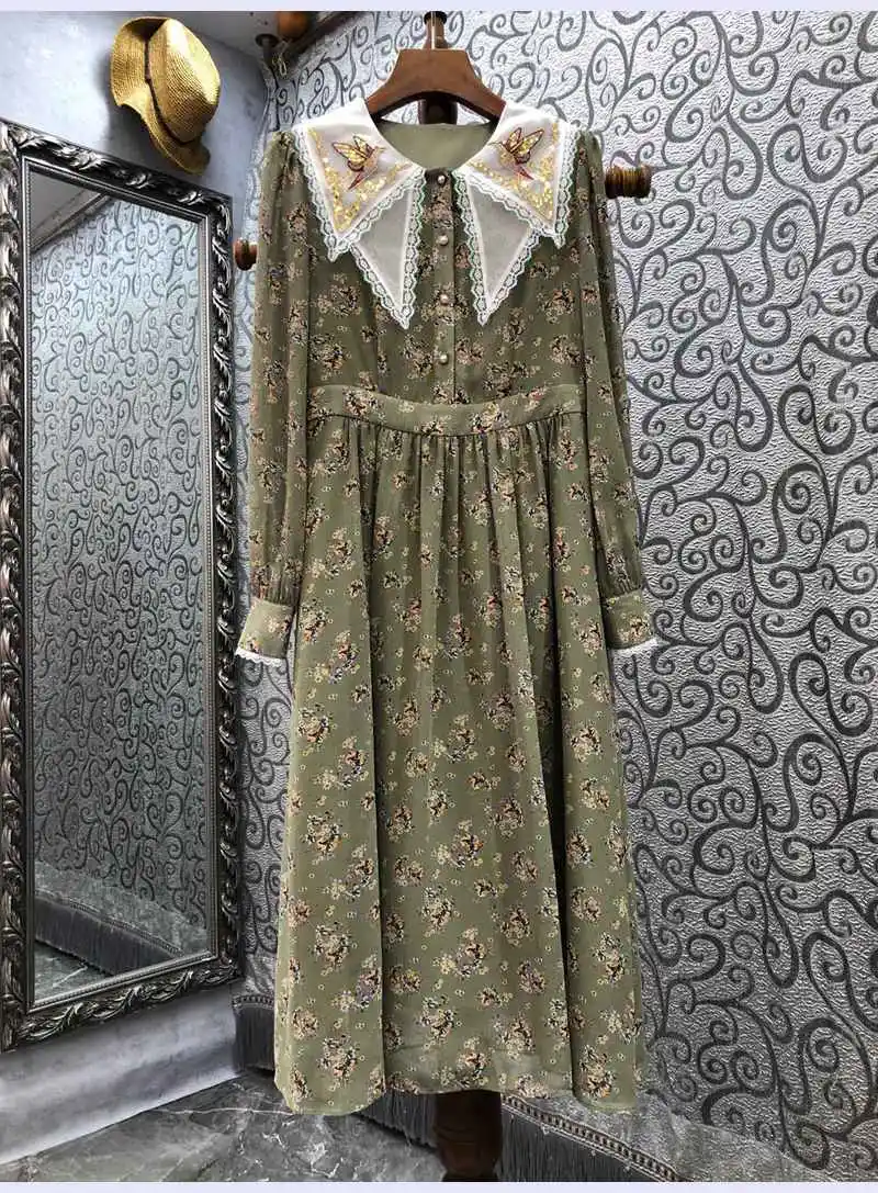 

Top Quality New 2022 Spring Dress Women Turn-down Collar Lurex Embroidery Deco Long Sleeve Mid-Calf Length Vintage Print Dress
