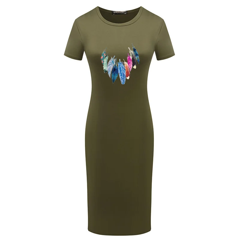 

Women Bodycon Dresses Feather Print Sexy Short Sleeve Round Neck Elegant Slim Stretch Party Maxi Hip Pencil Vestido Robes