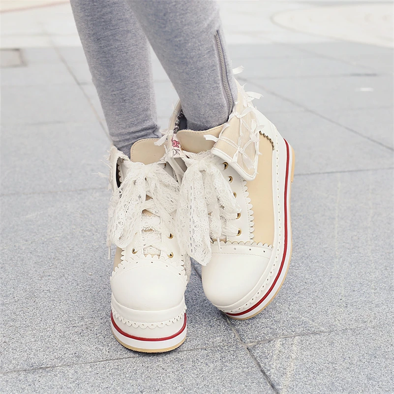 FOREADA Ankle Boots Shoes Woman Wedges High Heels Lace Up Boots Platform Round Toe Lovely Lady Footewear Autumn Short Boots 46