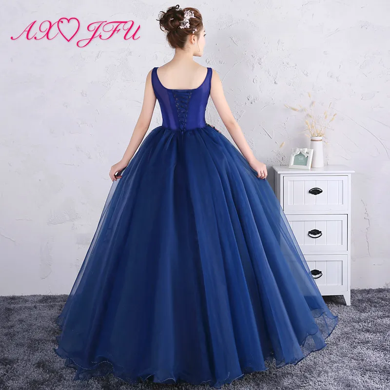 

AXJFU luxury princess navy blue lace bride evening dress vintage o neck beading pink flower ball gown sleeveless evening dress