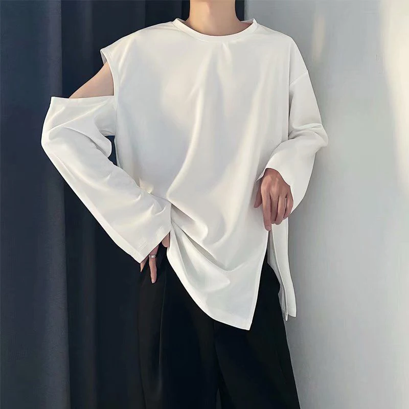 

Cold Shoulder White Black Long Sleeve Men T Shirts Hem Side Slit Fashion Trend Autumn Winter Oversized Punk Casual Clothing Tops