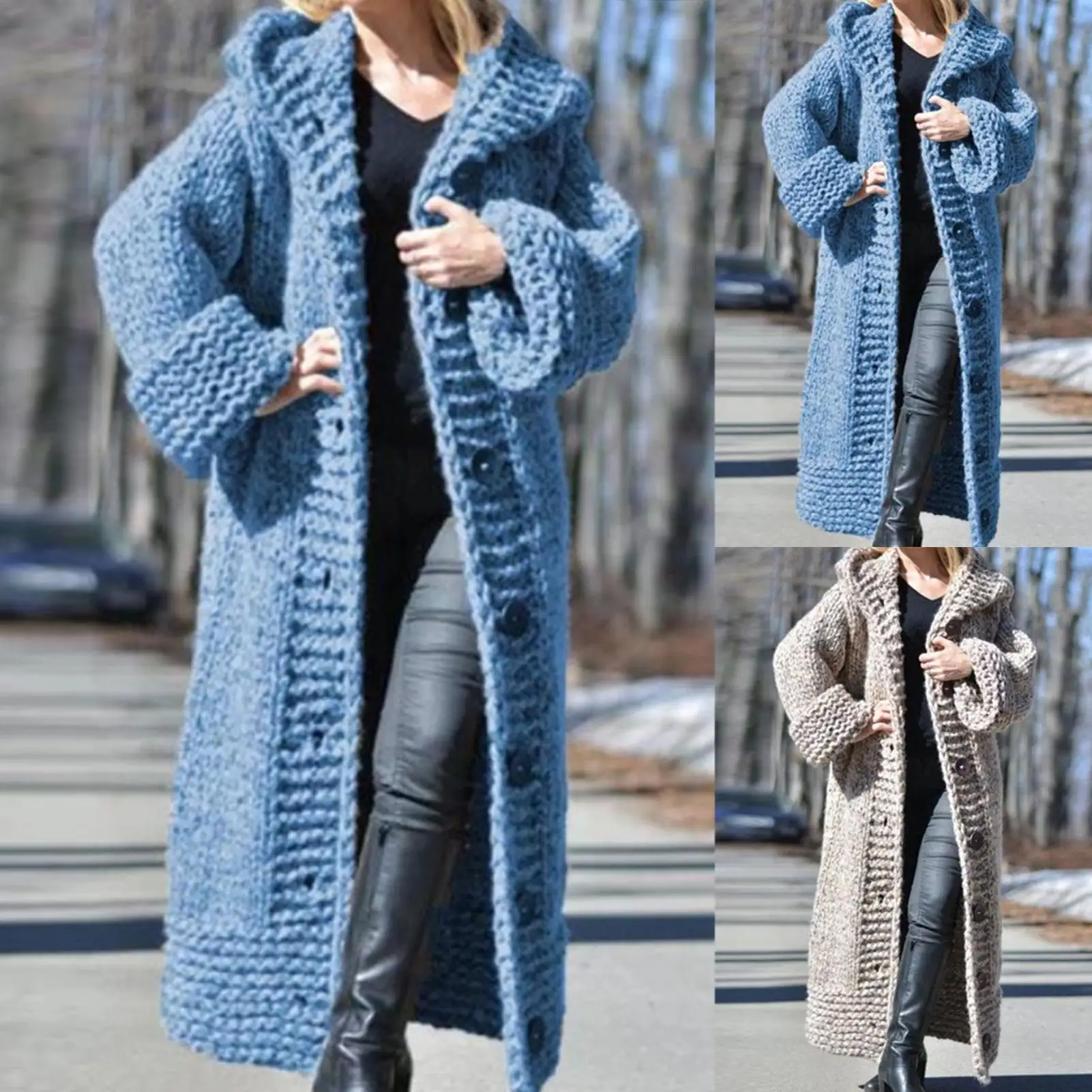 

M-5XL Women Sweaters Cardigan Winter Buttons Cardigan Long Coat Long Sleeve Hooded Mid-length Knitted Sweater Coat Femme Outwear