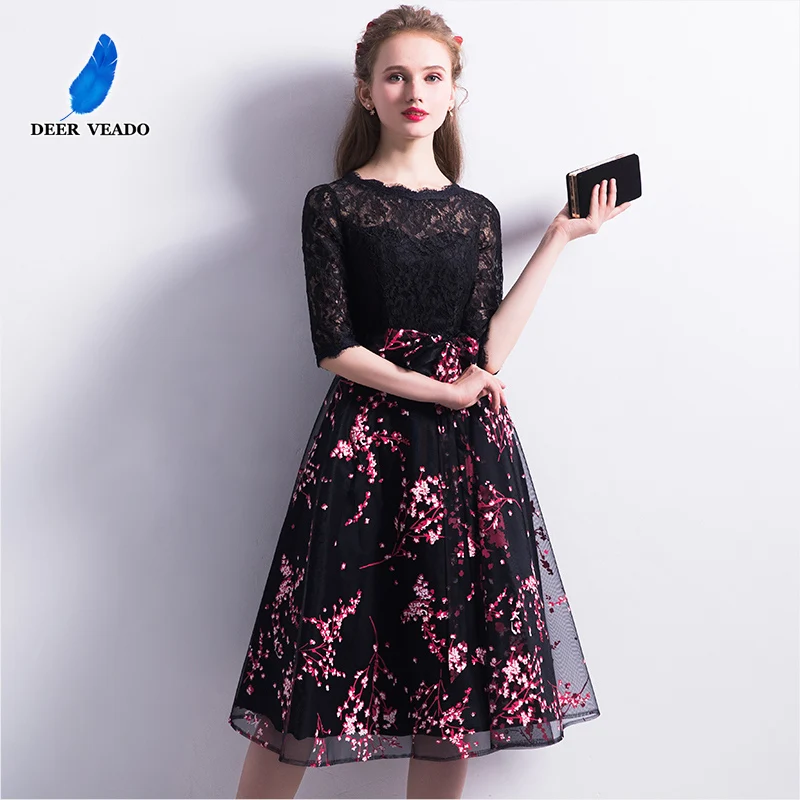 DEERVEADO Robe De Soiree Новое поступление короткое Кружевное Вечернее Платье С официальное с короткими рукавами платье вечернее платье YM308