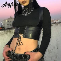auyiufar black gothic fairy grunge corset top lace up pu leather slim y2k solid streetwear tank tops autumn cropped women outfit