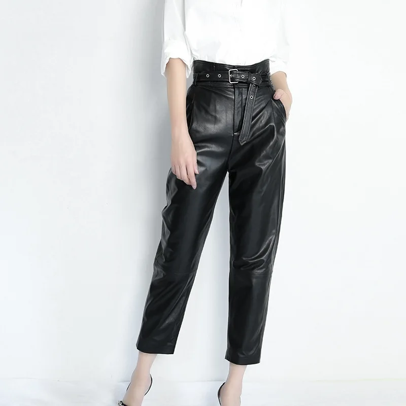 

2021 Spring Chic Women's High-rise leather pencil pants High Quality Sheepskin Real leatther Belt pants C538