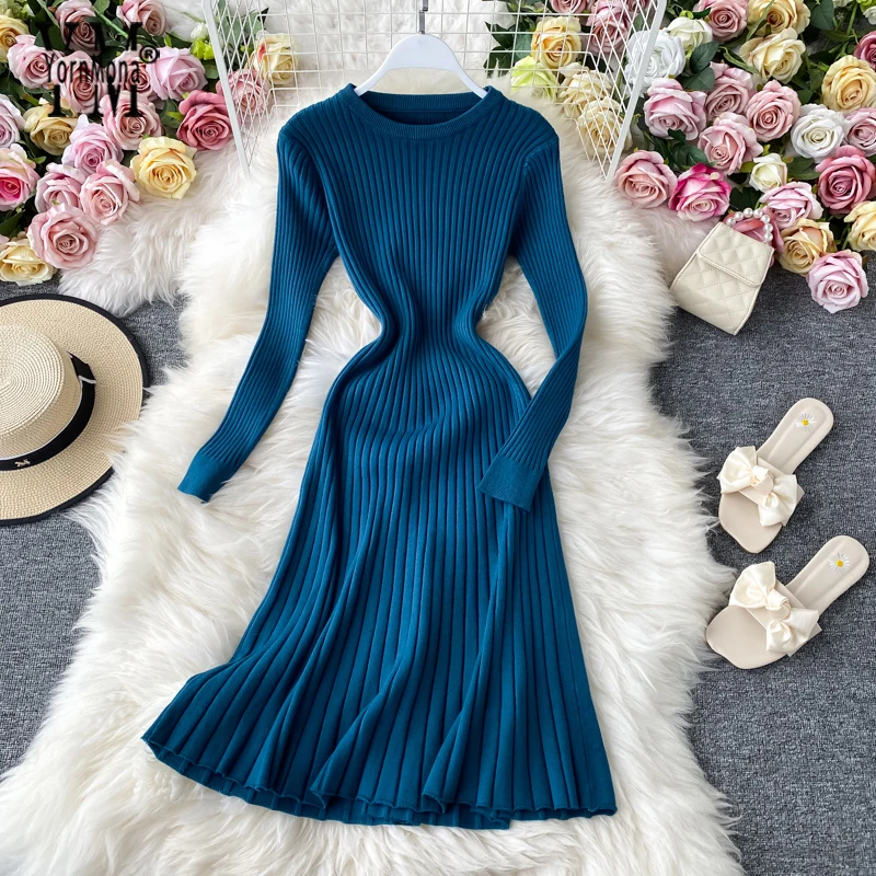 

YornMona Elegant Pleated Knit Midi Dress 2020 Autumn Winter Basic Long Sleeve A Line Sweater Dress Casual All Match Ladies Dress