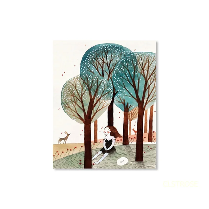 

Nordic Modern Style Roadside Trees Little Girl Rest Posters Art Canvas Pictures For Living Room bathroom Decor Painting Unframed
