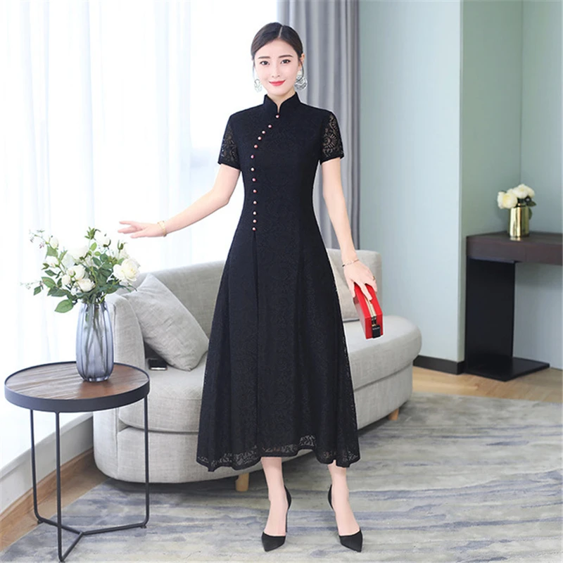 

Black sexy lace Qipao long A-line dress plus size Chinese cheongsam female Tang suit traditional clothing professional wear new