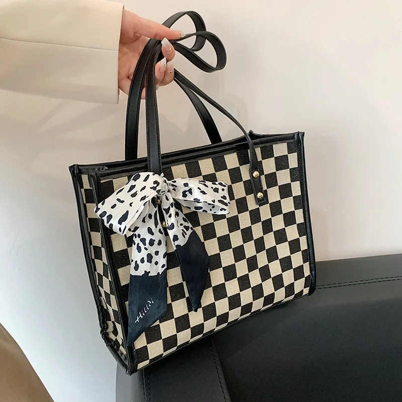 

Women Fashion Bag High-quality Tote Bag PU Leather Korea Japan Plaid Fashion Large-capacity Commuter Shoulder Big Bag Totes
