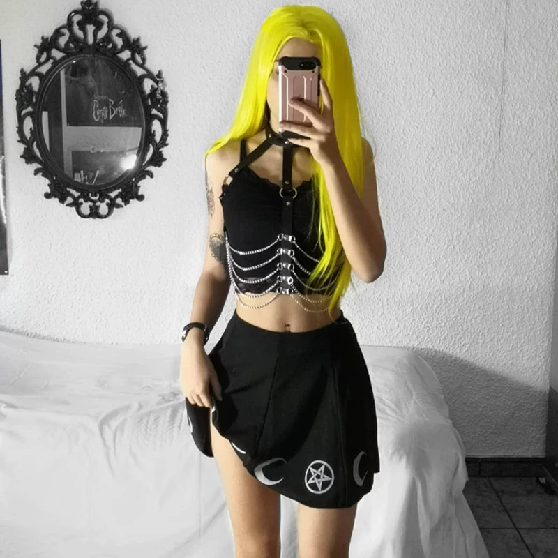 ImilyBela Gothic Casual Mini Skirt Women Sexy High Waist Print Black A-line Skirt Empire Draped Punk Style Streetwear Jupe Femme