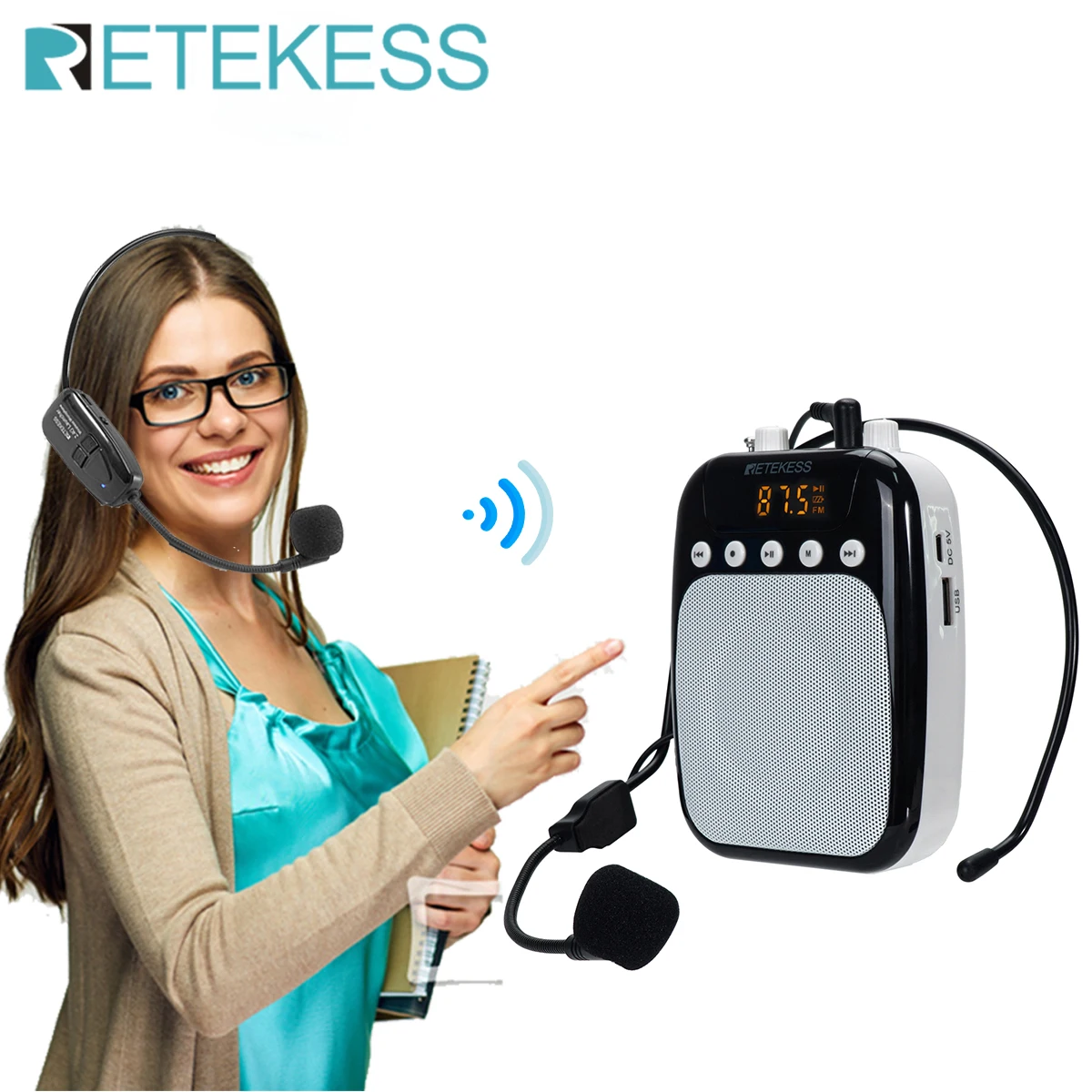 Портативный усилитель голоса RETEKESS TR623, микрофон для учителя дюйма, с MP3-плеером, FM-радио, TF-картой, USB - изображение