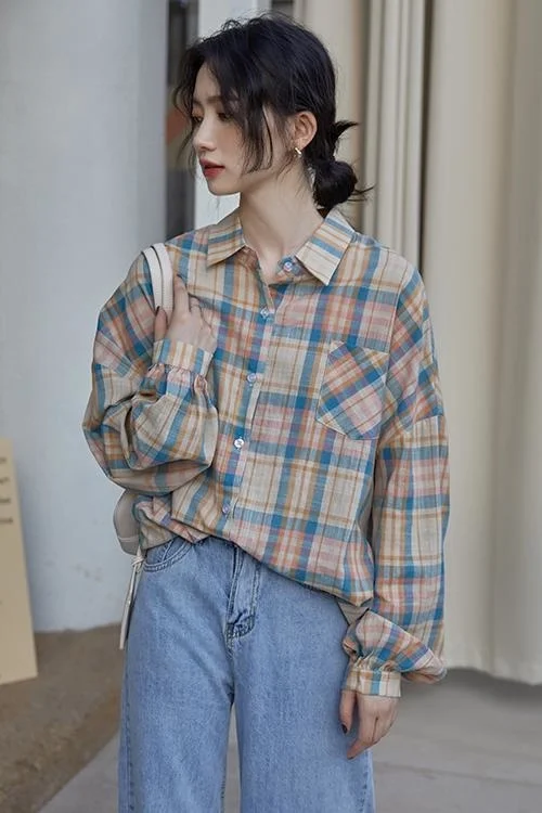 Осенняя свободная клетчатая рубашка в Корейском стиле 2021 | Женская одежда