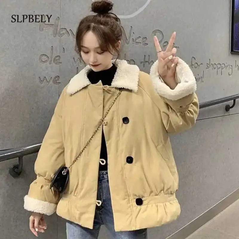 

SLPBELY Winter Women Cotton Short Coat Korean New Oversized Loose Slouchy Style Plush Imitation Lamb Wool Jacket Female Outwear