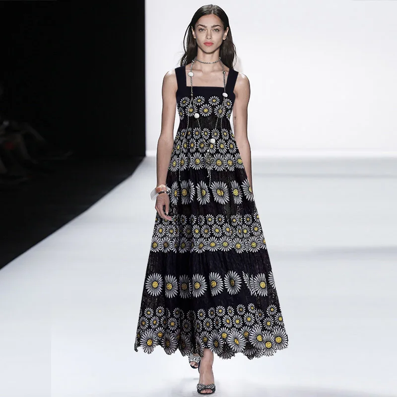 Женское кружевное платье макси знаменитости длинное на тонких бретельках с