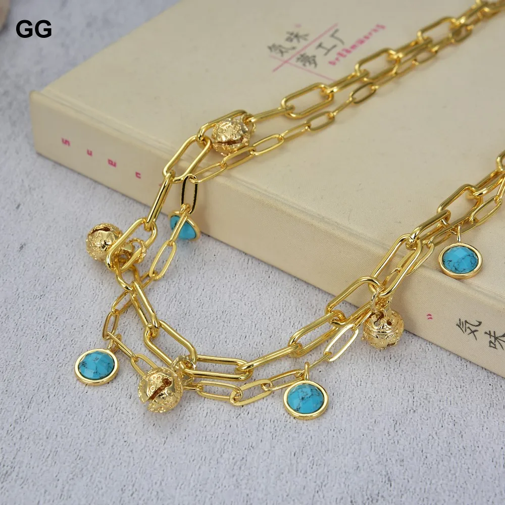 GG Jewelry 17'' 2 Strands Gold Plated Small Bell Blue Turquoise Coin Pendant Chain Necklace | Украшения и аксессуары