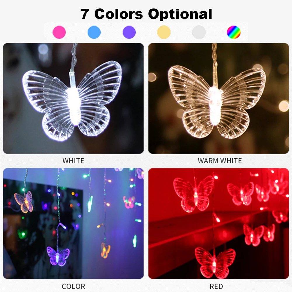 

Christmas Tree Hanging Led Butterfly String Light EU Plug-in Waterproof Curtain Christmas Holiday String Lights Decoration Bulbs