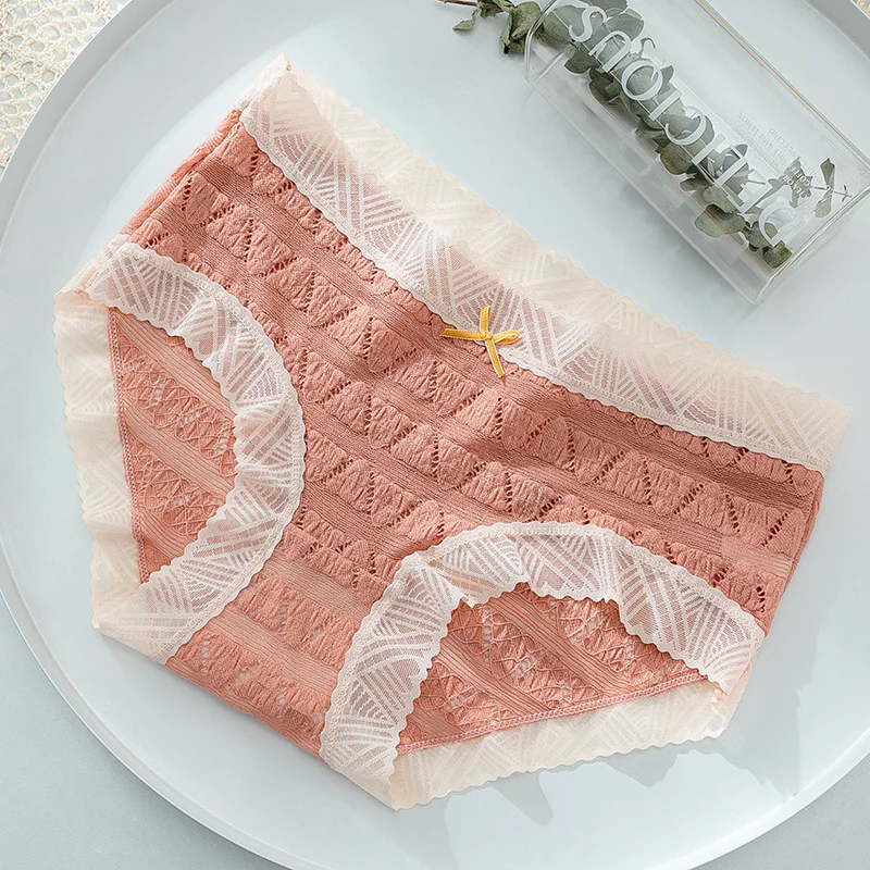 

Wasteheart New Women Fashion Skin Orange Lace Cotton Mid Waist Cotton Panties Underwear Lingerie Briefs Underpants M L XL