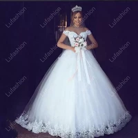 wedding dresses white ivory lace appliques ball gown off the shoulder short sleeves bridal gowns 2023