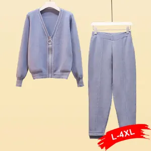 Женский трикотажный свитер на молнии, кардиган и брюки, костюм из двух предметов 4XL, вязаные комплекты из двух предметов, подходящие спортивные брюки, одежда для отдыха, спортивные костюмы из двух предметов