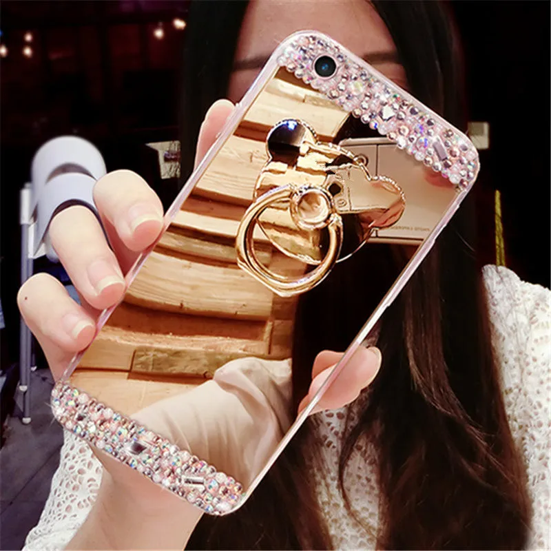 

Fancy Diamond Bear Crystal Stone Finger Ring Stand Mirror Phone Case For iphone 13 12 11 Pro Max X XS Max XR 7 8 Plus 6 6s 5s SE