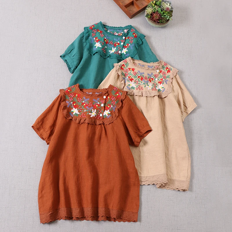 

Summer new Mori embroidered shirt loose short sleeve pullover linen top women casual wear