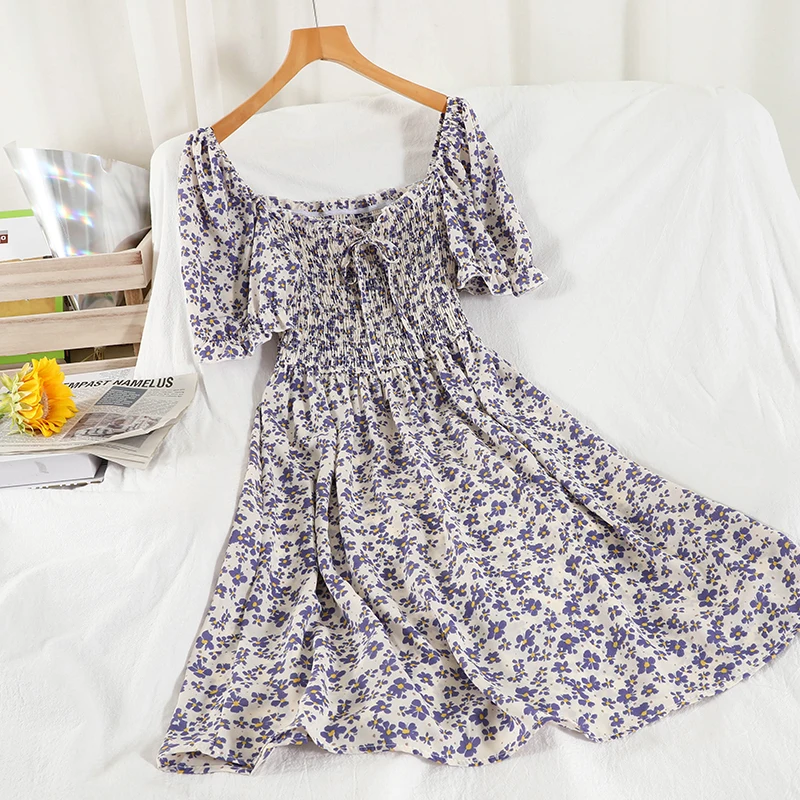 

FTLZZ New Summer 2021 Casual Polka Dot Floral Print Dress A Line Puff Sleeve Square Collar High Waist Women Dresses