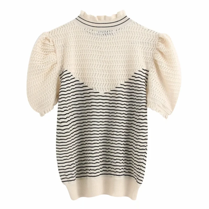 Женский вязаный свитер с оборками на воротнике повседневный тонкий в полоску