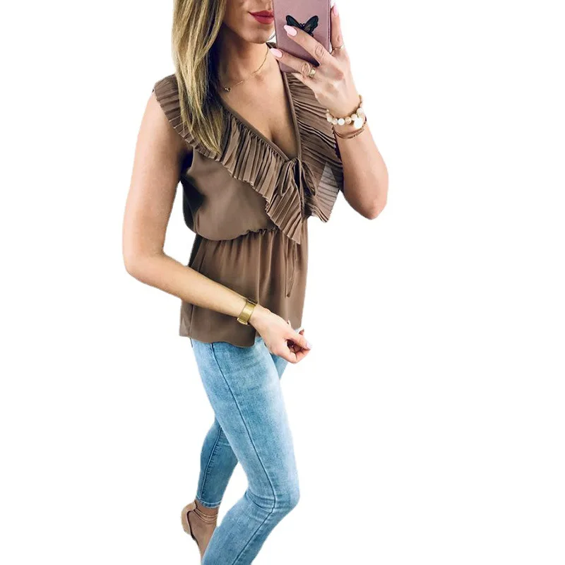 

Pleated Blouses Plus Size Chiffon Sleeveless Tops Sexy V-Neck Butterfly Neck Tie Top Tanks Shirts Casual Fashion Streetwear