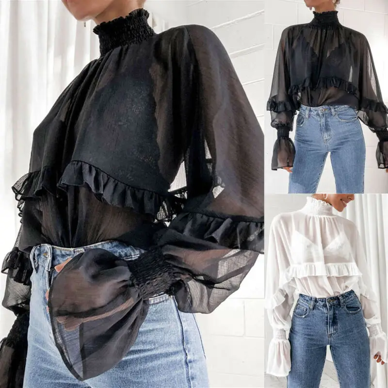 

Women Chiffon Solid Color Ruffle Turtleneck Blouse Casual Long Sleeve Loose Top See-through Sexy Blouse