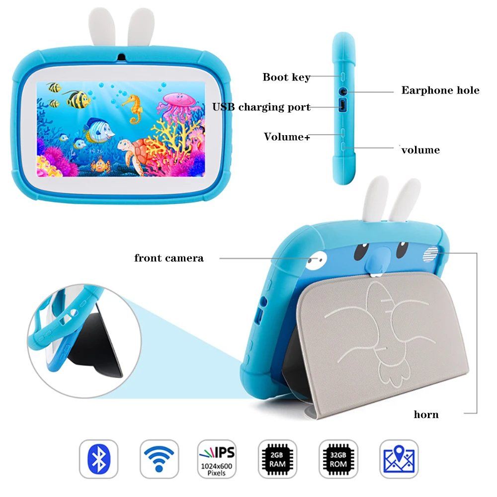 Hd экран 7 дюймов 2 + 32 ГБ четырехъядерный детский Android 11 Wifi Bluetooth Детский