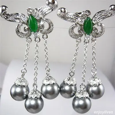 DYY+++ Free shipping@ Gray Shell Pearl Beads White Gold Plated Greean Jade Butterfly Clip-On Earrings 6.10 | Украшения и
