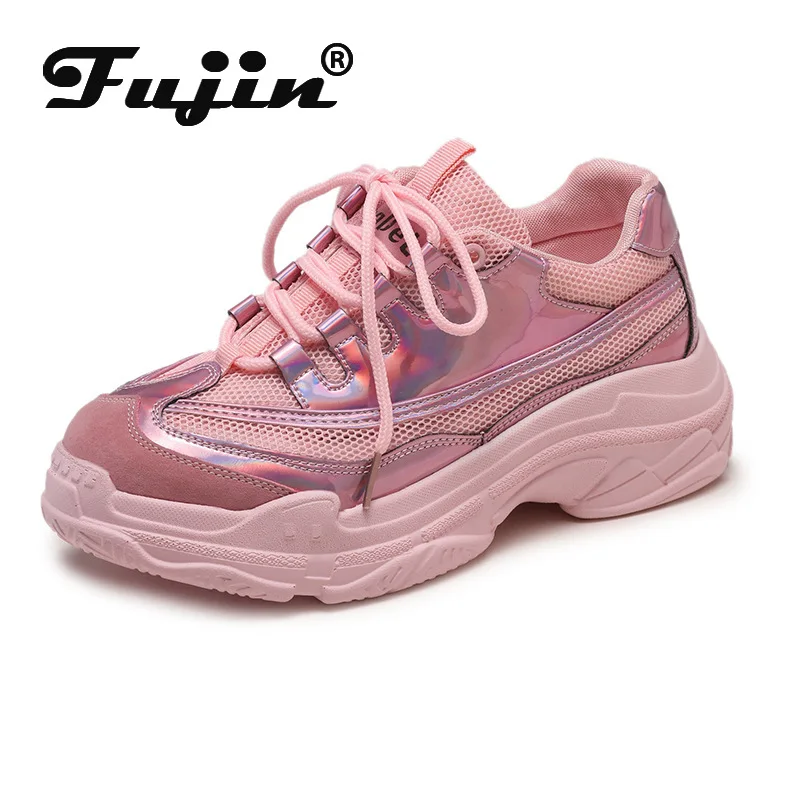 Женские кроссовки на толстой подошве Fujin дышащие с круглым носком и шнуровкой