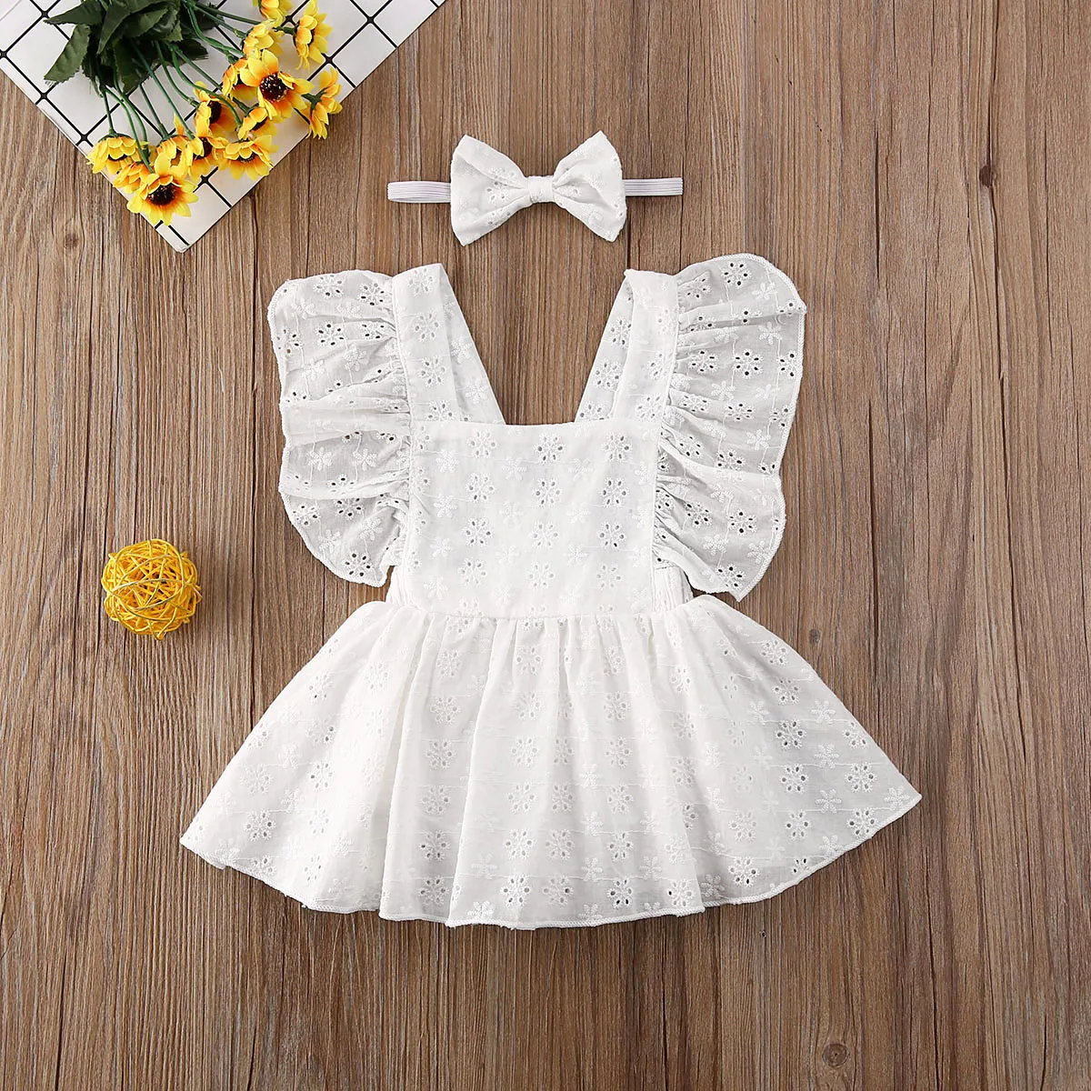 

Newborn Baby Girl Clothes Solid Color Sleeveless Flower Ruffle Romper Dress Headband 2Pcs Outfits Cotton Clothes Set