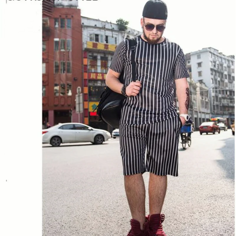 

2021 new summer new men's stripe suit fashion sports leisure men's suit in Europe and America two piece set summer sweatsuit