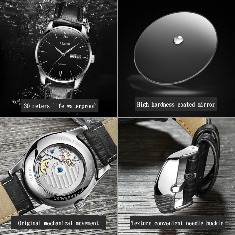 

Aesop Luxury Luminous Dual Calendar Men's Watches Atmospheric Business Mechanical Watch Waterproof Men's Fashion Belt Watch 2021