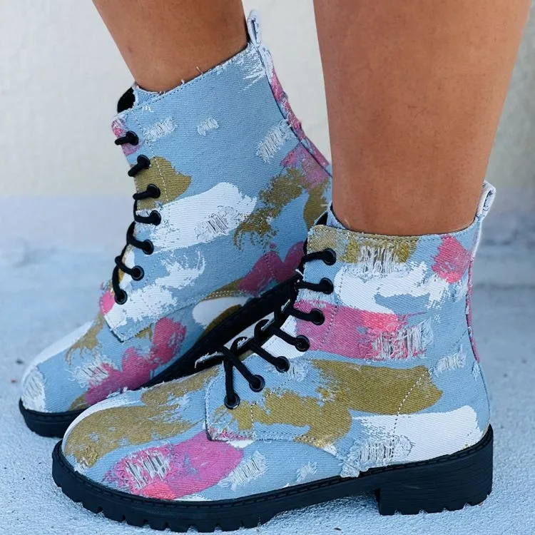 

2021 Zebra Pattern Platform Boots Women Round Toe Chunky Heel Ankle Boots for Women Lace up Cross-tied Boots Women