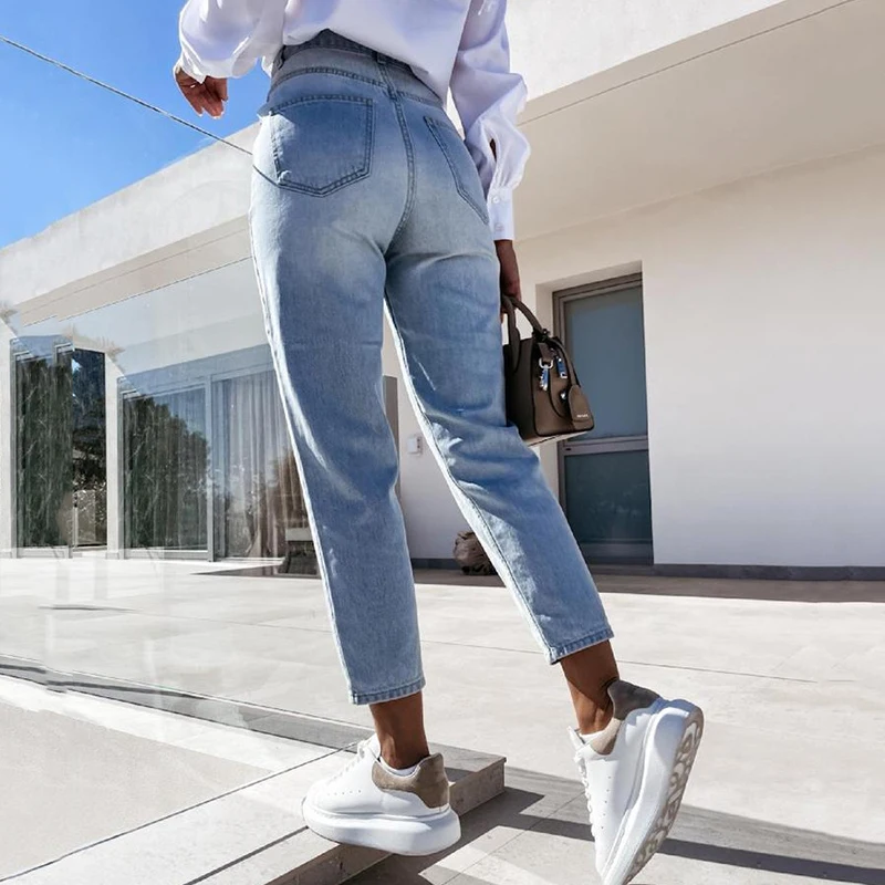 

Fashion Solid Color High Waist Straight Denim Pants Women Elegant Casual Pocket Slim Fit Jeans Trousers Autumn Female Streetwear