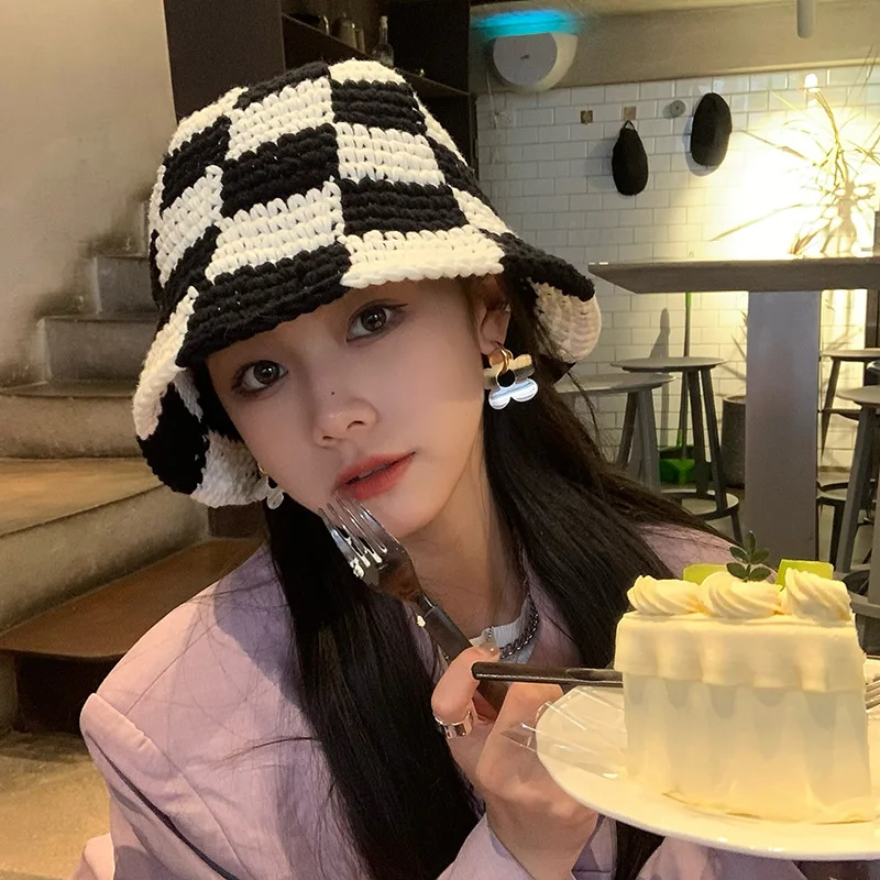 

Korean Version Of The New Autumn And Winter Women's Fashion Checkerboard Fisherman Hat Knitted Woven All-match Casual Basin Hat