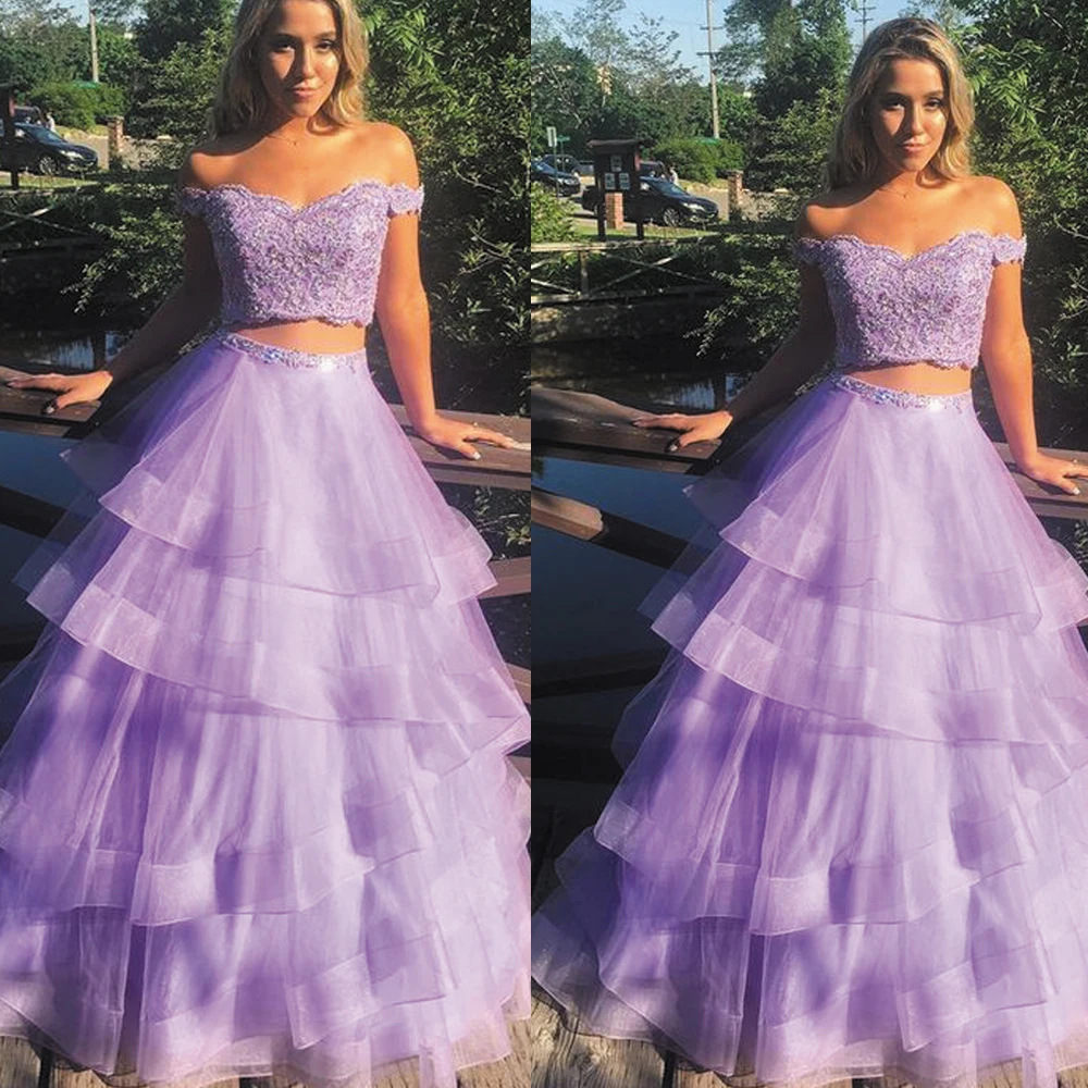 

SuperKimJo 2 Piece Prom Dresses Long Purple Lace Applique Tiered Elegant Beaded Cheap Prom Gown Vestidos De Gala